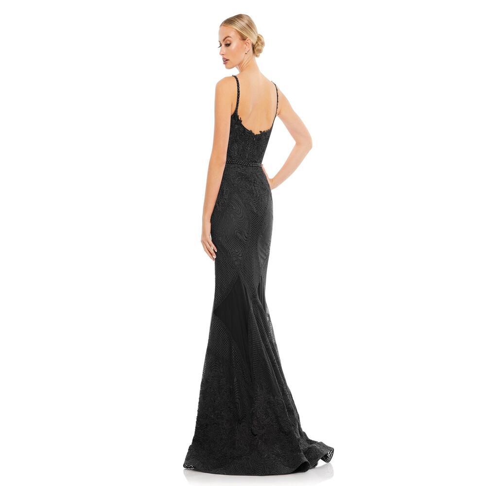Mac Duggal Black Embroidered Sleeveless Plunge Neck Trumpet Gown Size 6 NWT - Picture 3 of 12
